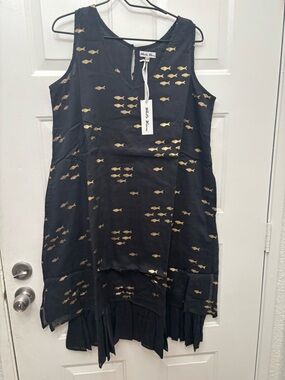 White Waves Black Midi Dress with Gold Fish Print